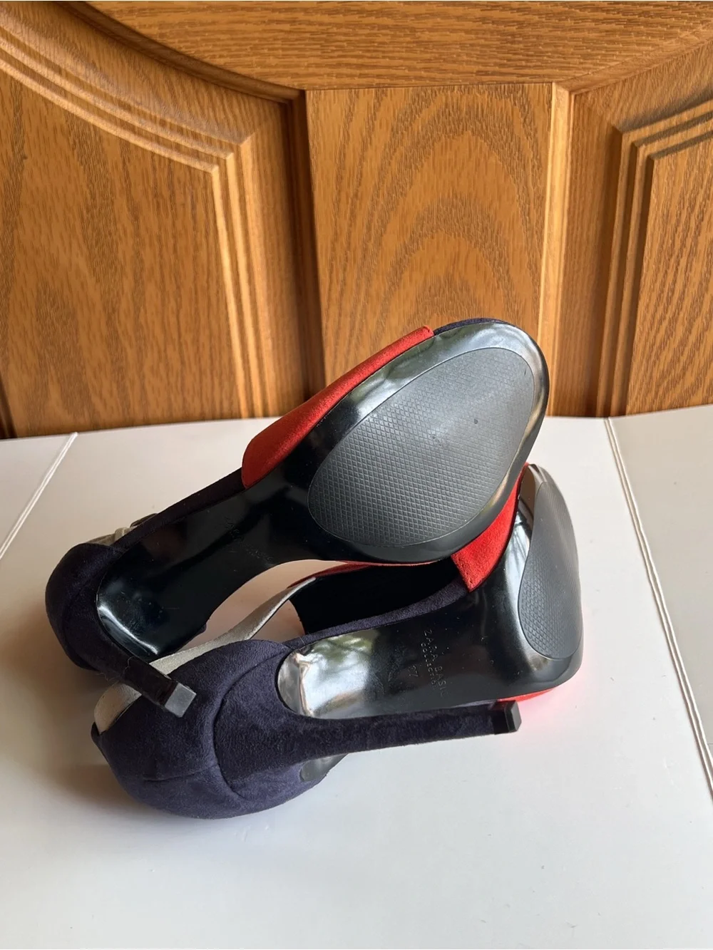 NWOT Zara Vegan Suede Heels EU 37 Colorblock Coral Navy Street Style - Picture 5 of 5